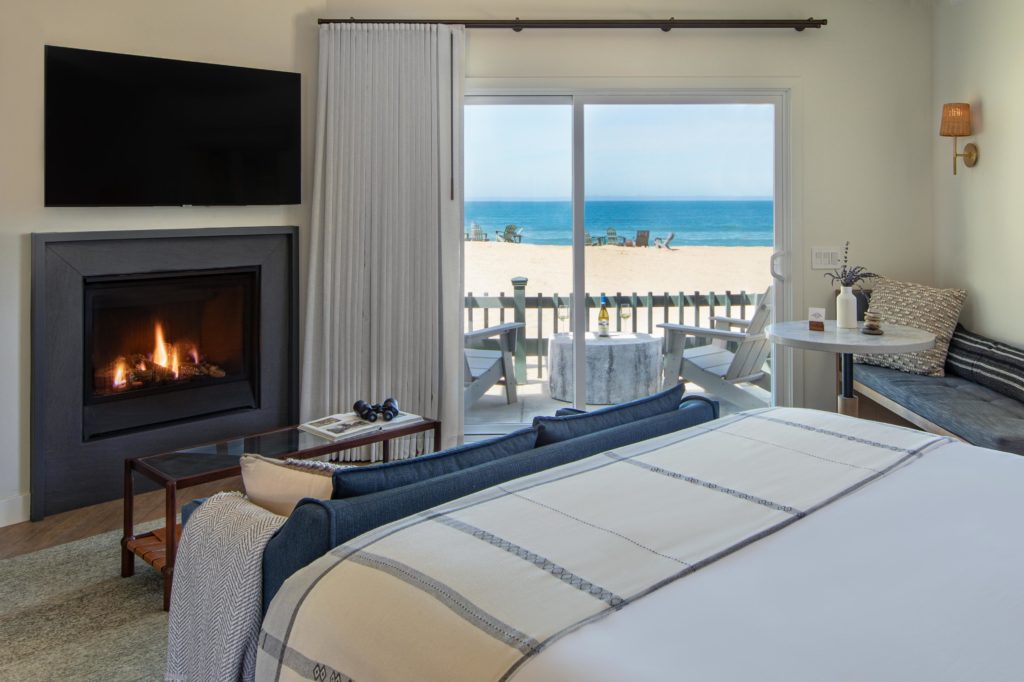 Ocean view guest room with fireplace at The Sanctuary Beach Resort in Monterey Bay