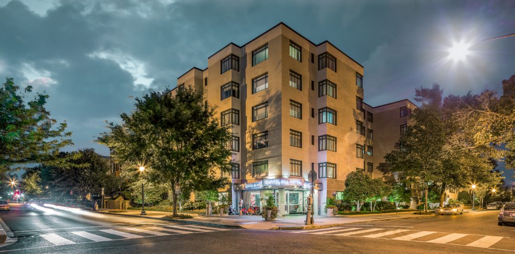 Exterior of Capitol Hill Hotel in Washington, DC at night