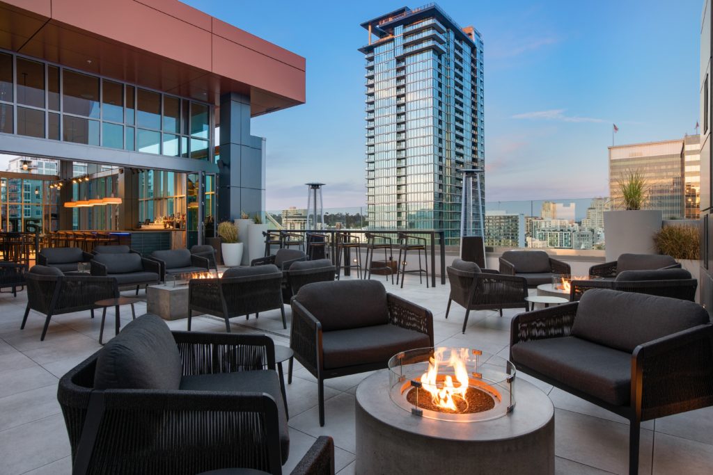 Fire pits on Above Ash Social at Carte Hotel in San Diego